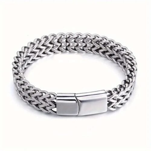 Bracciale uomo doppio strato acciaio inox maglia intrecciata moderno 21cm