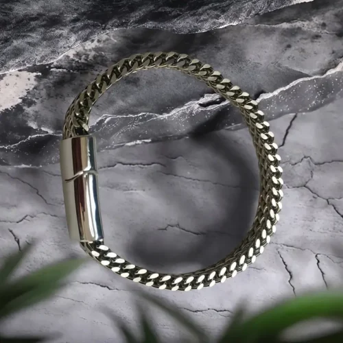 Bracciale uomo doppio strato acciaio inox maglia intrecciata moderno 21cm