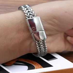 Bracciale uomo doppio strato acciaio inox maglia intrecciata moderno 21cm