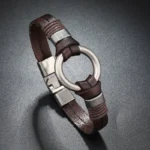 Bracciale uomo pelle marrone intrecciata multistrato stile retrò strada