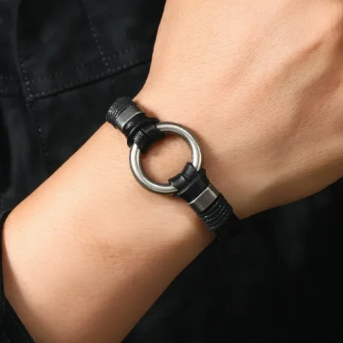 Bracciale uomo pelle marrone intrecciata multistrato stile retrò strada
