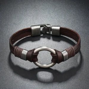 Bracciale uomo pelle marrone intrecciata multistrato stile retrò strada
