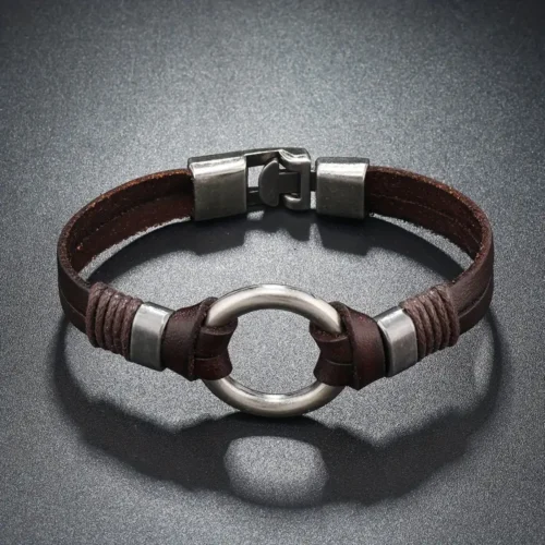 Bracciale uomo pelle marrone intrecciata multistrato stile retrò strada
