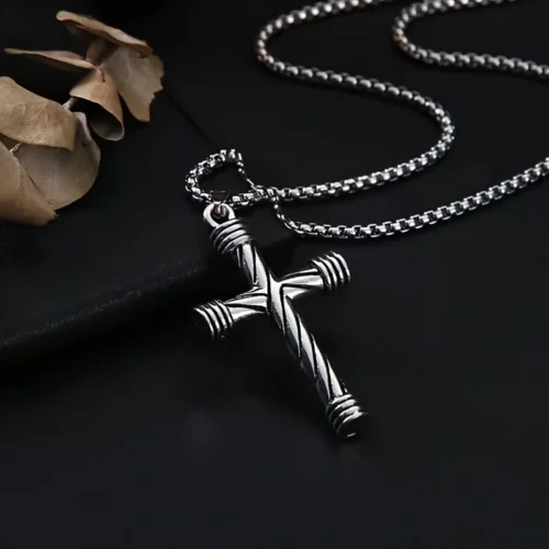 Collana acciaio inox 1pz pendente croce colonna spirale lucida elegante