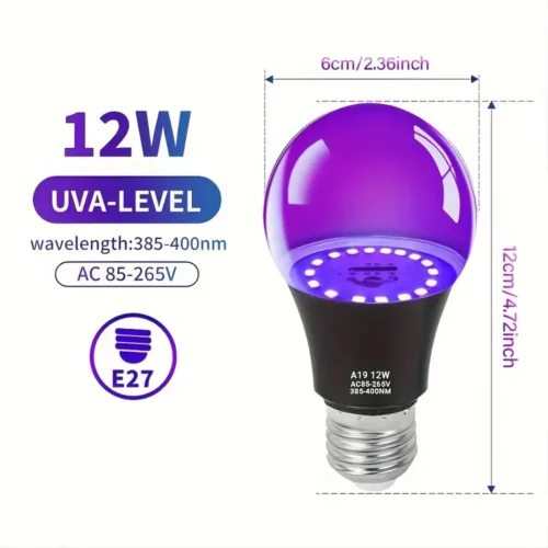 1pz lampadina LED nera A19 12W UVA E26 livello UV halloween party