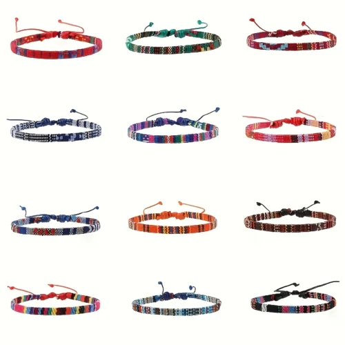 12pz braccialetti tessuto etnico bohemiano perline uomo donna mare festa