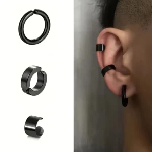 Set 3 clip osso orecchio acciaio inox CROMATI orecchini hip-hop uomo donna