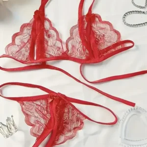 Set lingerie sexy pizzo rosso trasparente tre punti cardigan mutandina
