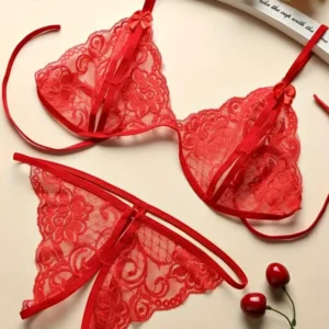 Set lingerie sexy pizzo rosso trasparente tre punti cardigan mutandina