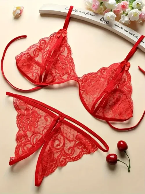 Set lingerie sexy pizzo rosso trasparente tre punti cardigan mutandina