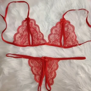 Set lingerie sexy pizzo rosso trasparente tre punti cardigan mutandina