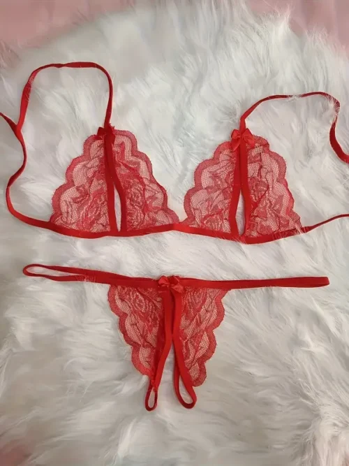 Set lingerie sexy pizzo rosso trasparente tre punti cardigan mutandina