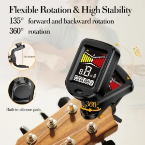 QiJiStar tuner chitarra digitale rotabile 360° batteria plastica nera