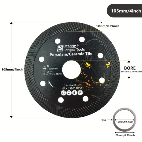 Disco Diamante Taglio Piastrelle 105x10x20mm Margine Continuo 1.2mm Fai Da Te