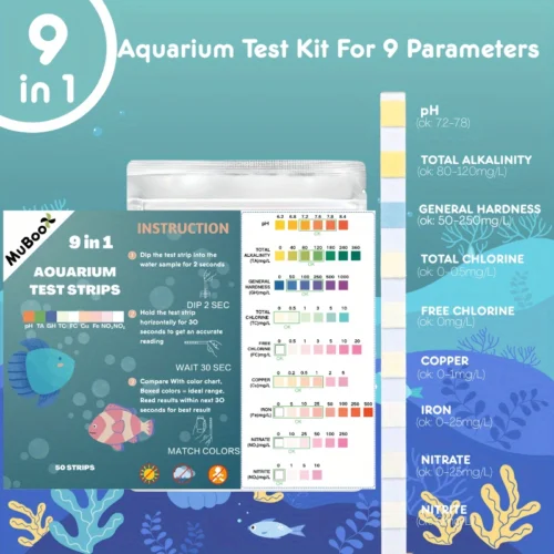 Kit test acqua acquario strisce 9in1 50pz pH nitrati cloro ferro rame qualità