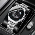 orologio da uomo grigio elegante con quadrante nero Acciaio inossidabile