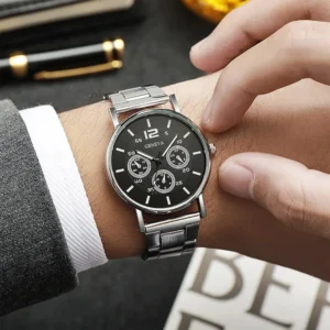 Orologio Uomo Alta Qualità GENEVA Ultra Sottile Quadrante Nero Tondo
