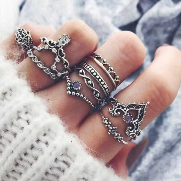 Set Di 10 Anelli Anello Donna Colore Argento Regolabile Finger Gioiello Moda