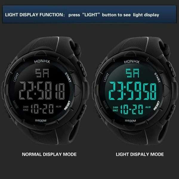 Orologio Uomo Sportivo Polso Nero Honhx Luce Brand Tasti Digitale