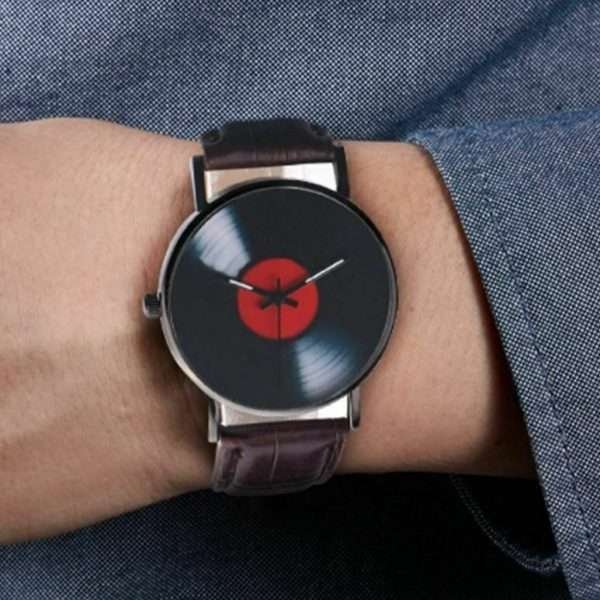 Orologio Uomo Analogico Stile Vinyl Record Quarzo Idea Regalo Finto Cuoio