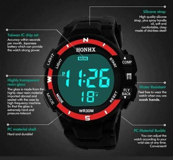 Orologio Digitale Unisex Honhx Rosso Nero Sportivo Gomma Silicone