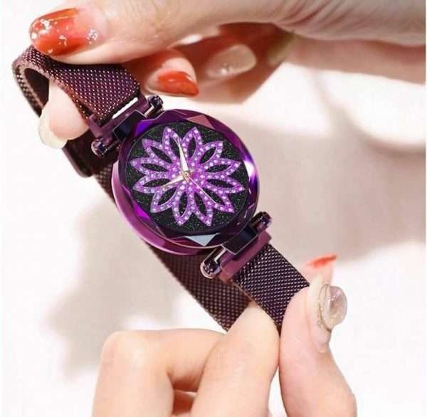 Orologio Donna Tondo Diamante Analogico Fashion Fiore Viola Quarzo Metallo