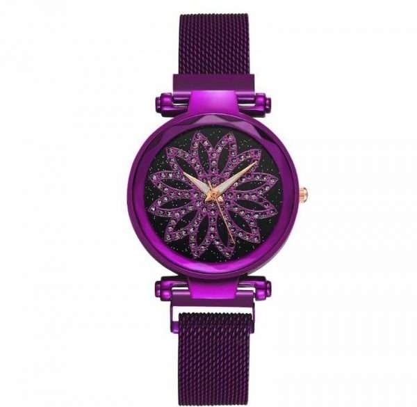 Orologio Donna Tondo Diamante Analogico Fashion Fiore Viola Quarzo Metallo