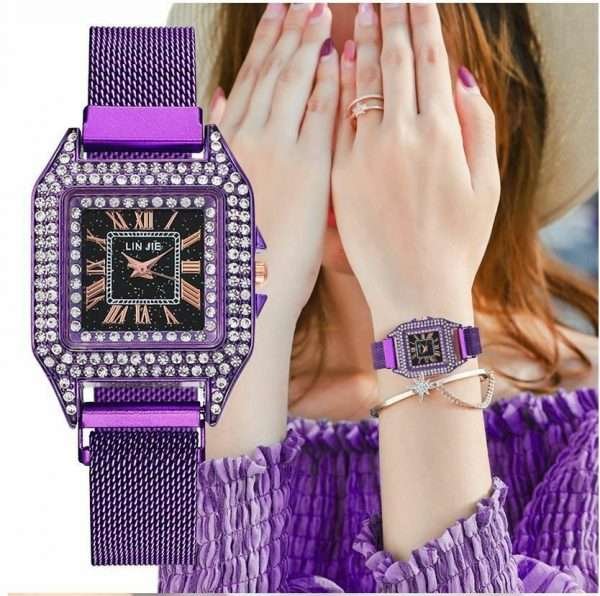 Orologio Donna Lin Jie Viola Brillante Quadrante Largo Purple Metallo Quarzo