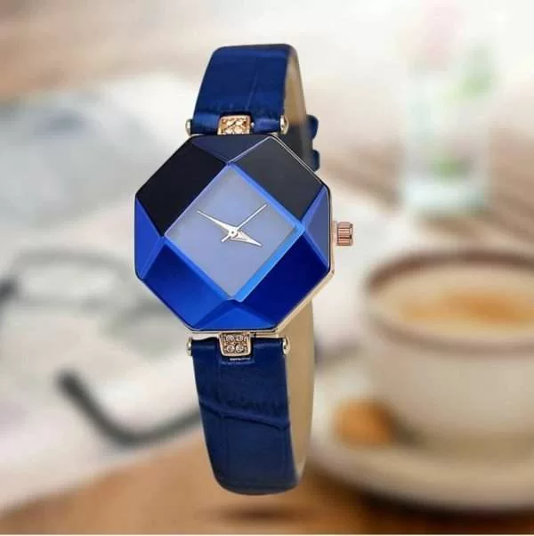 Orologio Donna Gem Cut Gemma Diamante Finto Cuoio Quartz Diamond Blue