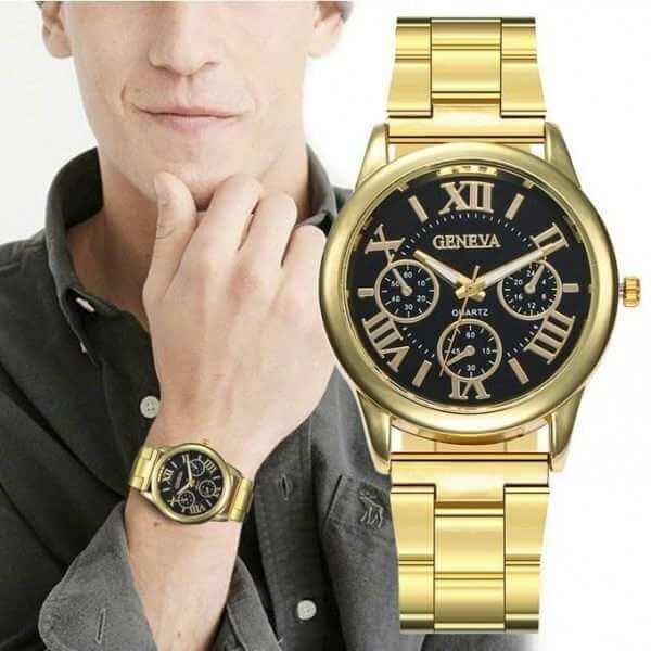 Orologio Uomo Geneva Molto Elegante Gold Black Acciaio Inossidabile Alta Qualita