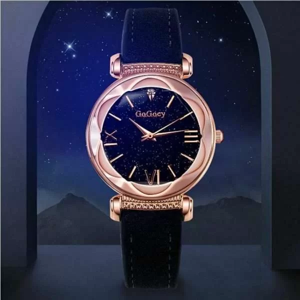 Orologio Donna Gogoey Cielo Stellato Analogico Diamante Camoscio Nero Oro
