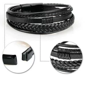 Bracciale Uomo Cuoio Pelle Nero Full Black Treccia Chiusura Magnetica Idea Regal