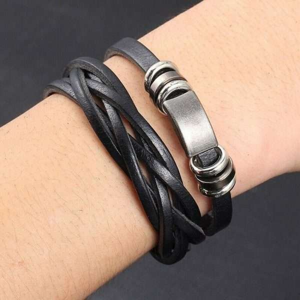 Bracciale Uomo Multi Strato In Cuoio Intrecciato 21Cm Marrone Silver