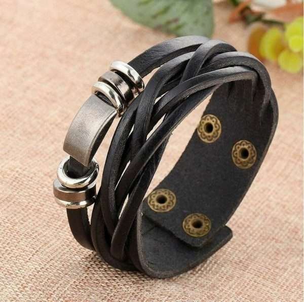 Bracciale Uomo Multi Strato In Cuoio Intrecciato 21Cm Marrone Silver