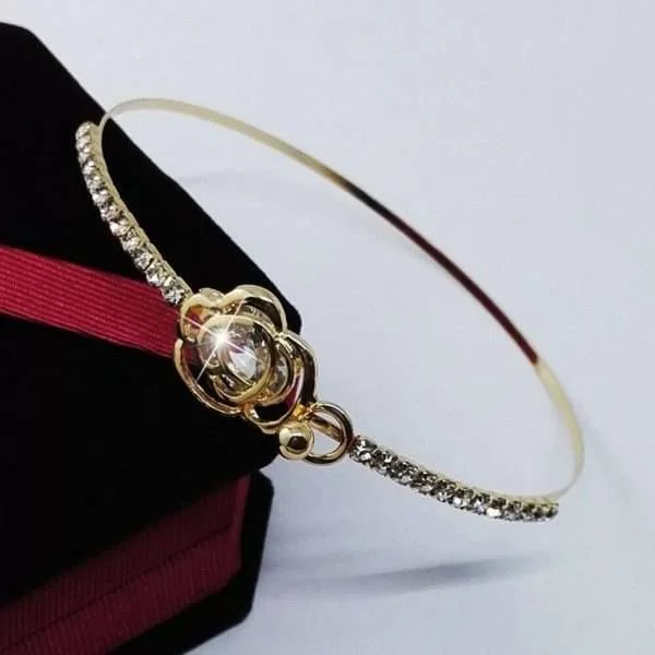 Bracciale Donna Dorato Rosa Golden Fiore Con Strass Polso Monili Metallo