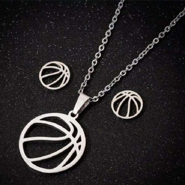 Collana + Paio Orecchini Basket Pallacanestro Ball In Acciaio Inox Necklace