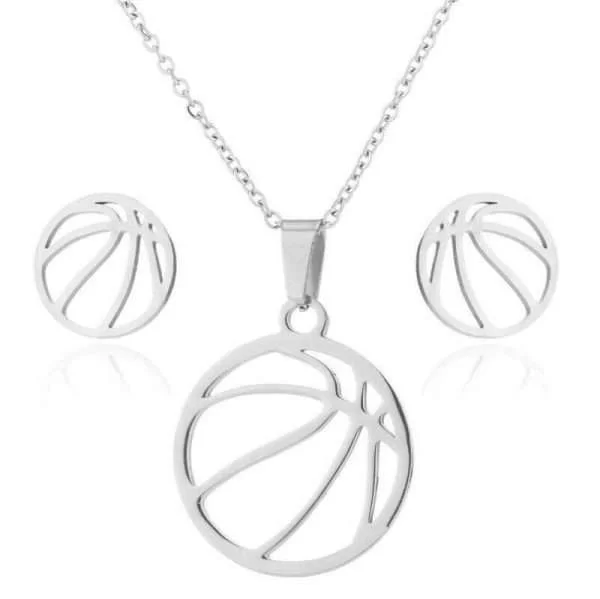 Collana + Paio Orecchini Basket Pallacanestro Ball In Acciaio Inox Necklace