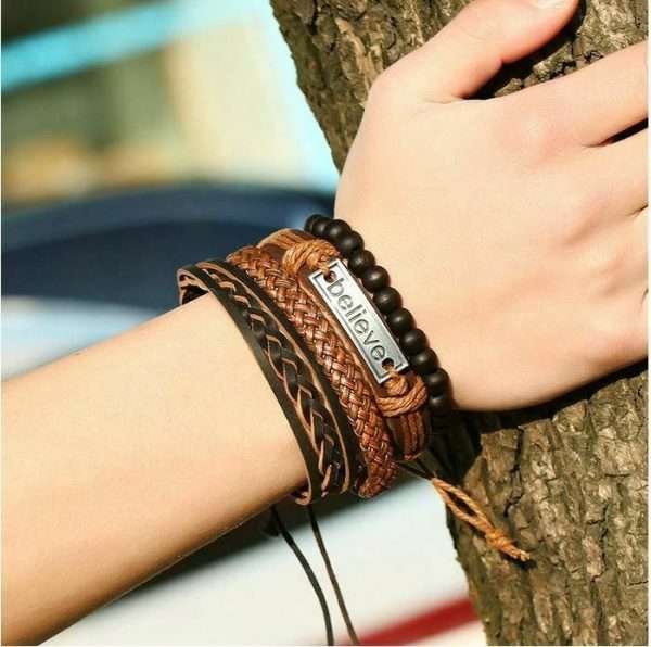 Bracciale Uomo Multi Strato Credere Believe Ecopelle Caucciù Intrecciato Perline