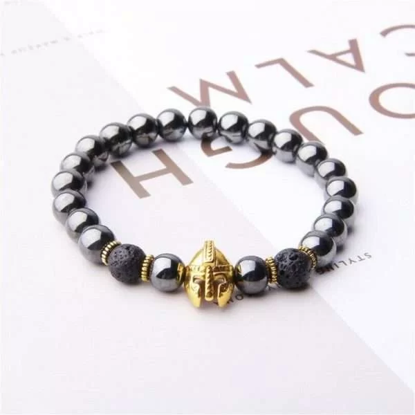 Bracciale Uomo Antica Roma Elmetto Elmo Sparta Dorato Perline Pietra Vulcanica