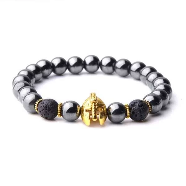 Bracciale Uomo Antica Roma Elmetto Elmo Sparta Dorato Perline Pietra Vulcanica