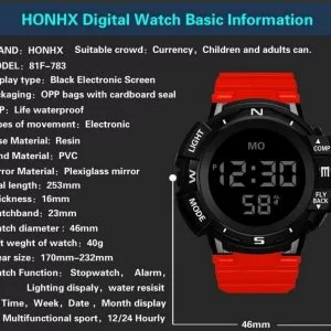 Orologio Sport Per Honhx Digitale Led Data Allarme Jogging Rosso Nero Silicone