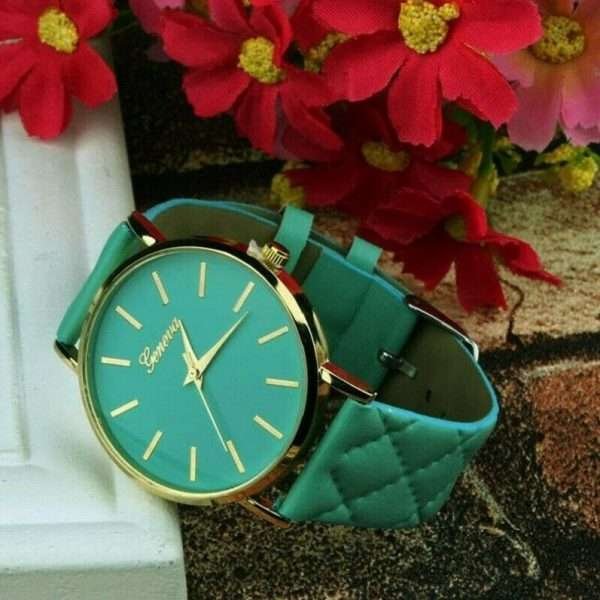 Orologio Donna Geneva Cinturino Pelle Analogico Verde Acqua Marina Turchese