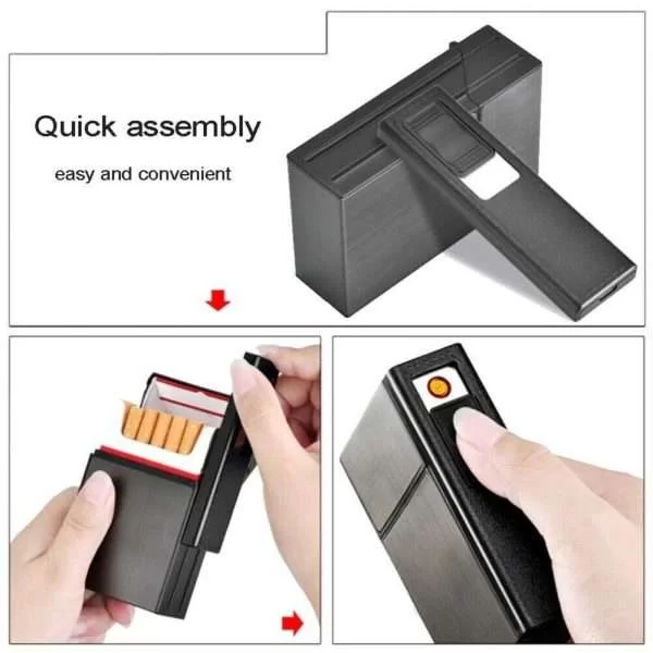 Porta Sigarette Con Accendino Elettronico Ricaricabile Usb Metallo Pacchetto