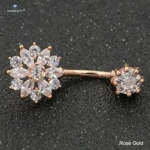 Piercing Ombelico Acciaio Chirurgico Rosa Strass Oro Rosa 14G Fiore Anallergico