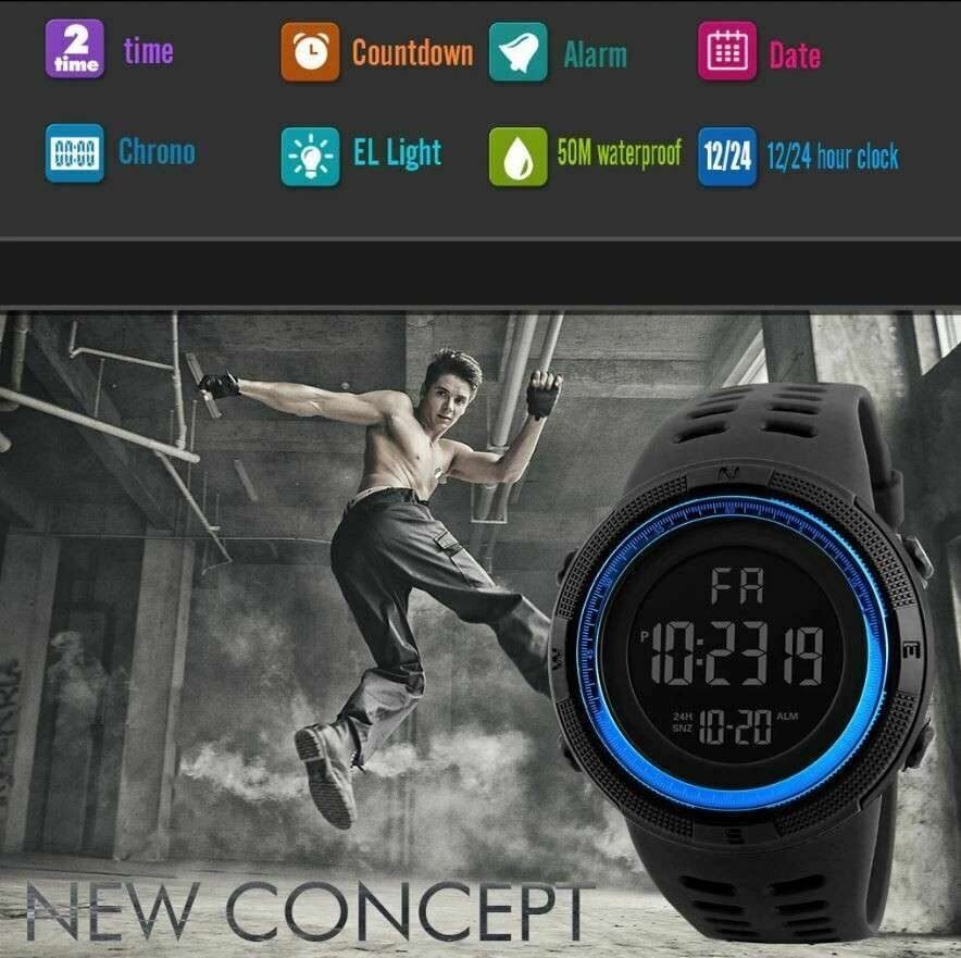 Orologio Digitale Sportivo Quadrante Tondo Anello Blue Chrono 5 Bar Orologio Digitale Sportivo Quadrante Tondo Anello Blue Chrono 5 Bar