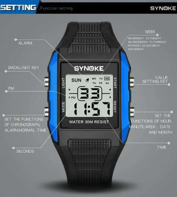 Orologio Digitale Synoke Alta Qualità Blue Digitale Quadrato Luminoso Waterproof