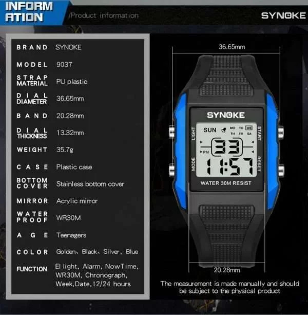 Orologio Digitale Synoke Alta Qualità Blue Digitale Quadrato Luminoso Waterproof