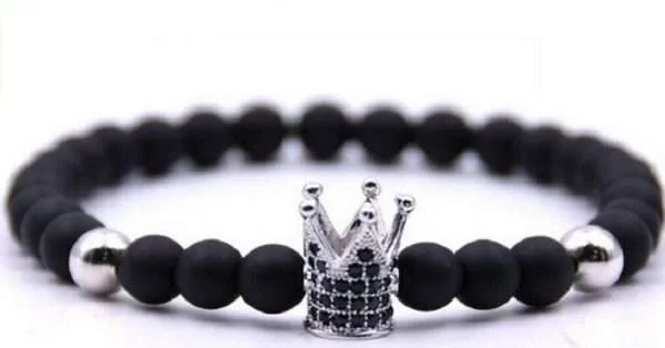 Bracciale Uomo Nero Pietra Naturale Corona Argentata The Crown Alta Qualità