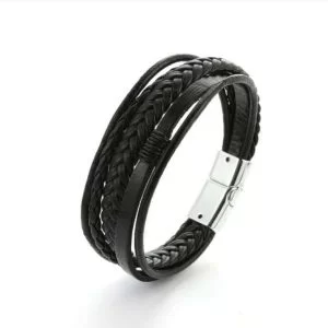 Bracciale Uomo Cuoio Pelle Nero Full Black Treccia Chiusura Magnetica Idea Regal