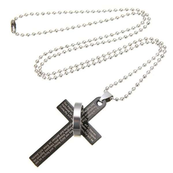 Collana Croce Gesù Cristo Cristiani Con Anello Preghiera Unisex Acciao Inox